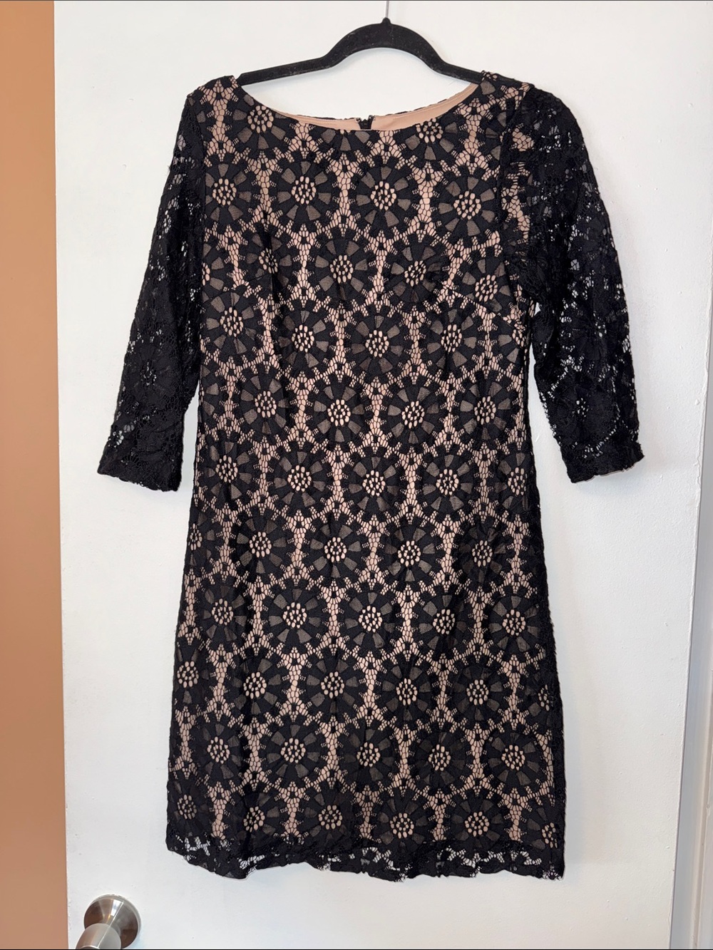 Jessica Howard Black Lace Overlay Dress with Nude Underlay